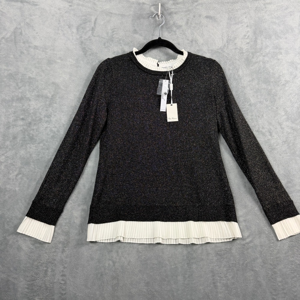 Villa Milano Women M Black Silver Metallic Pleated Layered Knit Top Office Siren